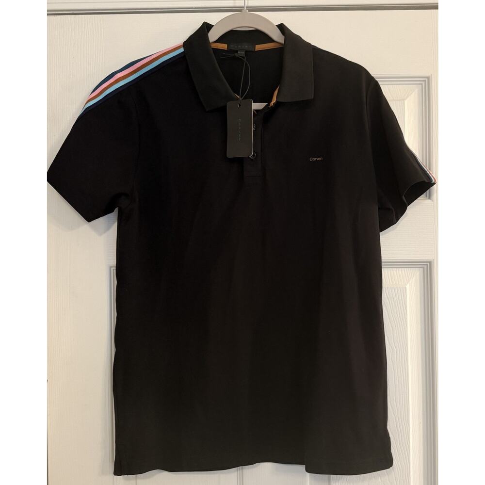 Carven Polo Shirt NWT Men's MED Black Collared Striped Sleeves Rugby‎